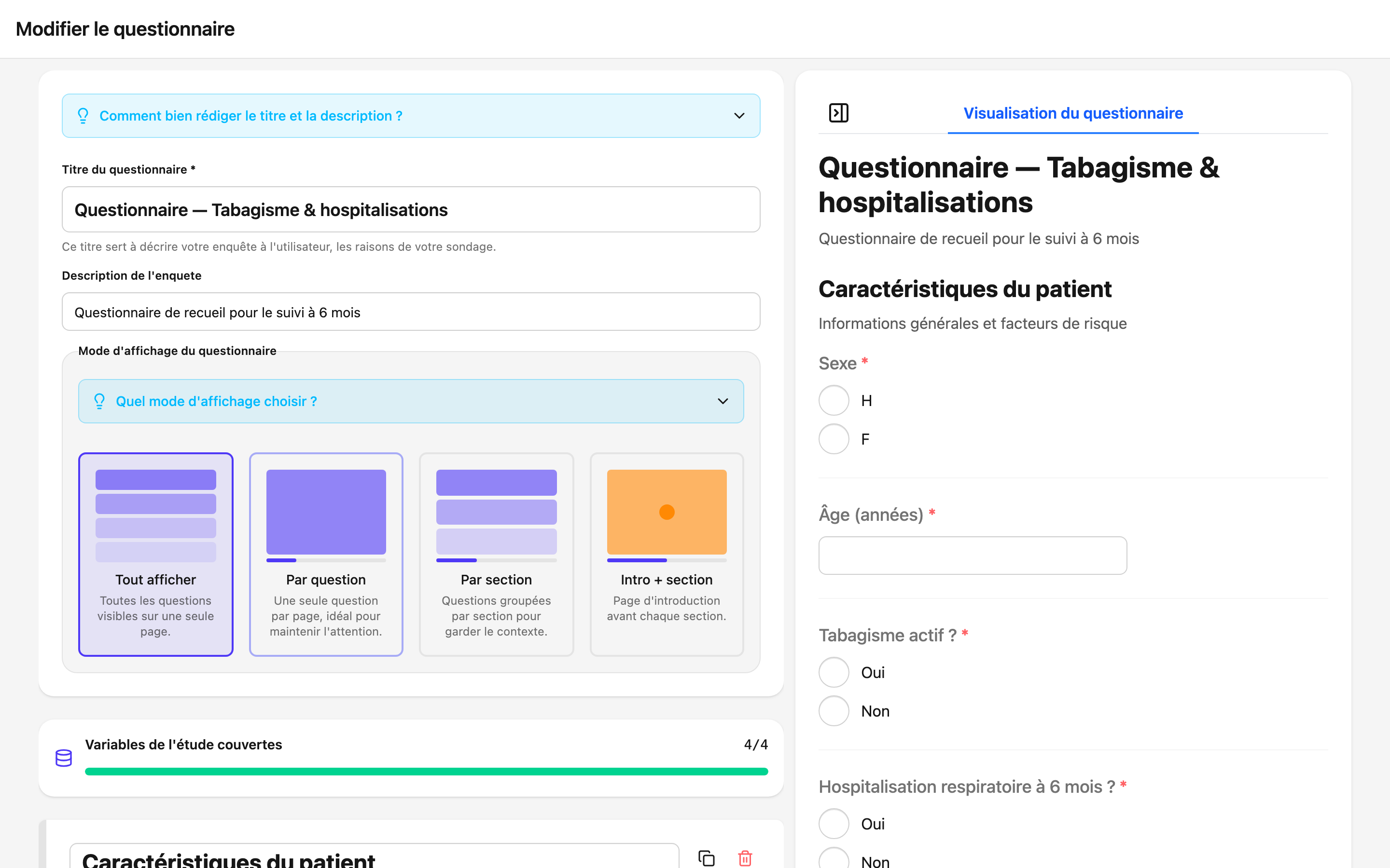 Éditeur de questionnaire avec aperçu en direct